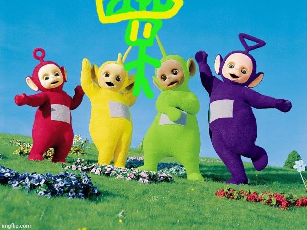 The teletubbie god,Shrektubby | image tagged in teletubbies,religion | made w/ Imgflip meme maker
