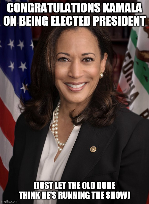 Kamala - President Elect | CONGRATULATIONS KAMALA ON BEING ELECTED PRESIDENT; (JUST LET THE OLD DUDE THINK HE'S RUNNING THE SHOW) | image tagged in kamala harris,joe biden,election 2020 | made w/ Imgflip meme maker