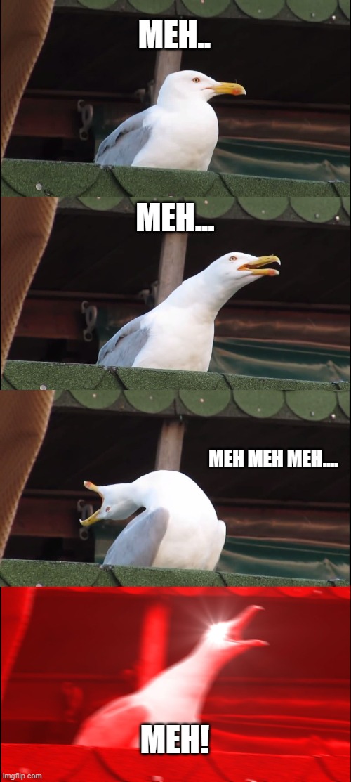 Inhaling Seagull Meme | MEH.. MEH... MEH MEH MEH.... MEH! | image tagged in memes,inhaling seagull | made w/ Imgflip meme maker