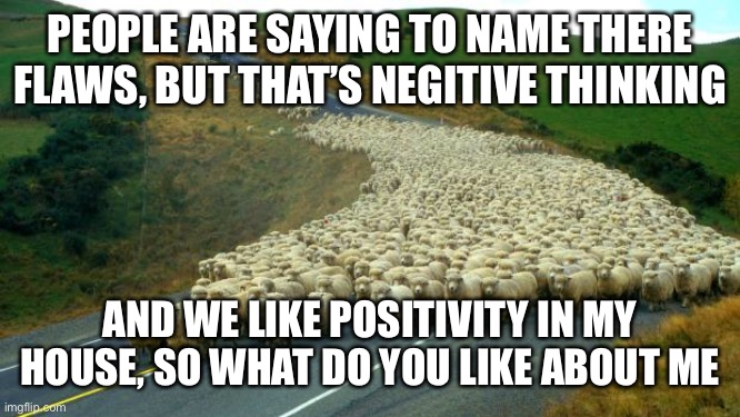 Positivity POG | PEOPLE ARE SAYING TO NAME THERE FLAWS, BUT THAT’S NEGITIVE THINKING; AND WE LIKE POSITIVITY IN MY HOUSE, SO WHAT DO YOU LIKE ABOUT ME | image tagged in sheep,reeeeeeeeeeeeeeeeeeeeee | made w/ Imgflip meme maker