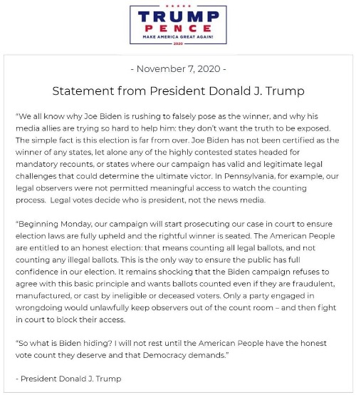 Official Statement from President Donald J Trump November 7, 2020 | image tagged in official statement,president trump,donald j trump,voter fraud,sedition,treason | made w/ Imgflip meme maker