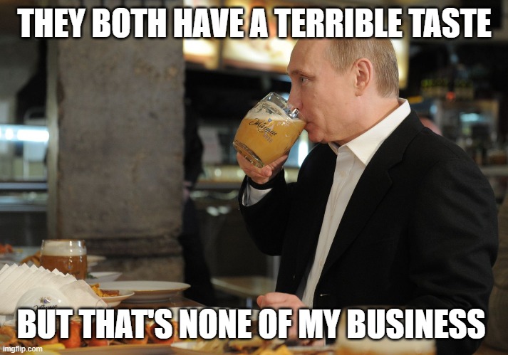 THEY BOTH HAVE A TERRIBLE TASTE BUT THAT'S NONE OF MY BUSINESS | image tagged in putin but that's none of my business | made w/ Imgflip meme maker