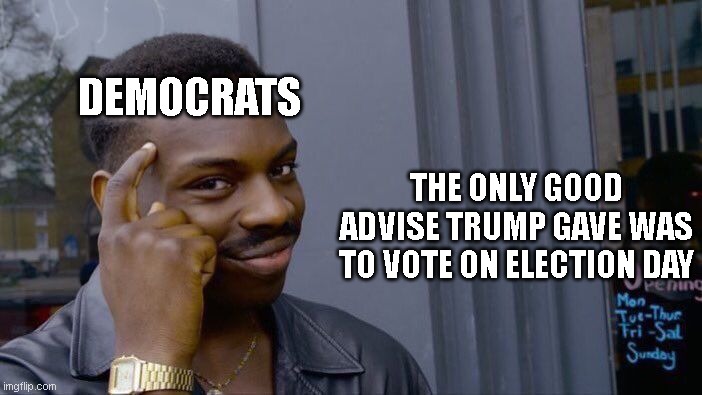 check mate | DEMOCRATS; THE ONLY GOOD ADVISE TRUMP GAVE WAS TO VOTE ON ELECTION DAY | image tagged in memes,roll safe think about it,trump | made w/ Imgflip meme maker
