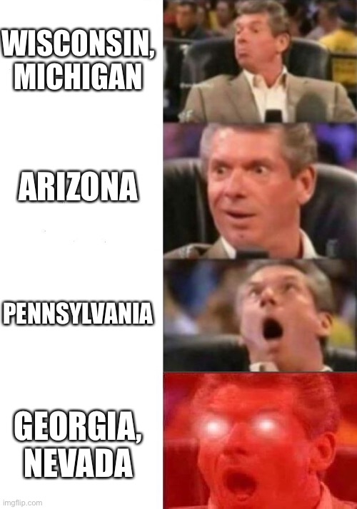 Mr. McMahon reaction | WISCONSIN, MICHIGAN; ARIZONA; PENNSYLVANIA; GEORGIA, NEVADA | image tagged in mr mcmahon reaction | made w/ Imgflip meme maker
