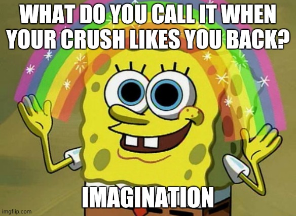 Imagination | WHAT DO YOU CALL IT WHEN YOUR CRUSH LIKES YOU BACK? IMAGINATION | image tagged in memes,imagination spongebob | made w/ Imgflip meme maker