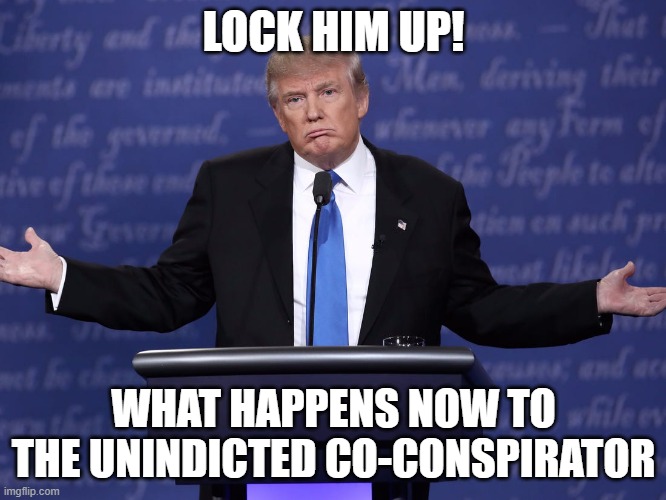 Time For This Criminal Conman To Go To Jail | LOCK HIM UP! WHAT HAPPENS NOW TO THE UNINDICTED CO-CONSPIRATOR | image tagged in lock him up,bye bye trump,dump trump,fraud,jail,prison | made w/ Imgflip meme maker