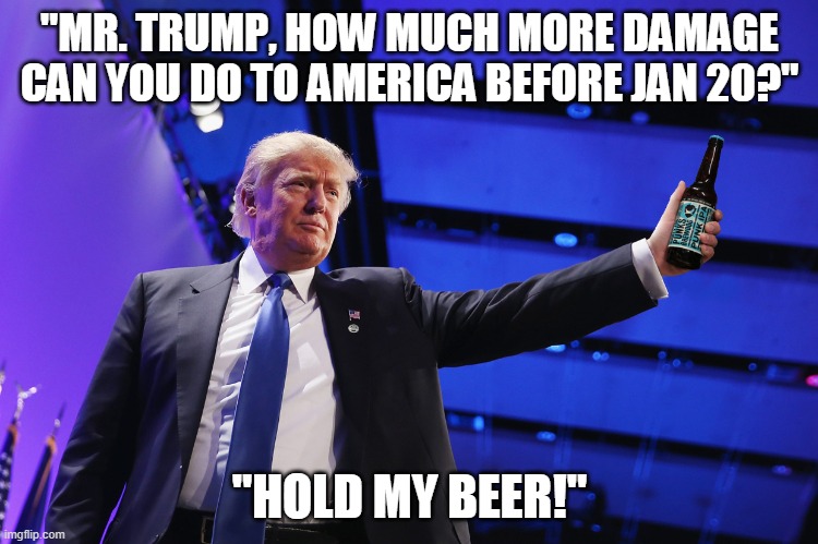 Trump: hold my beer! | "MR. TRUMP, HOW MUCH MORE DAMAGE CAN YOU DO TO AMERICA BEFORE JAN 20?"; "HOLD MY BEER!" | image tagged in trump,hold my beer | made w/ Imgflip meme maker