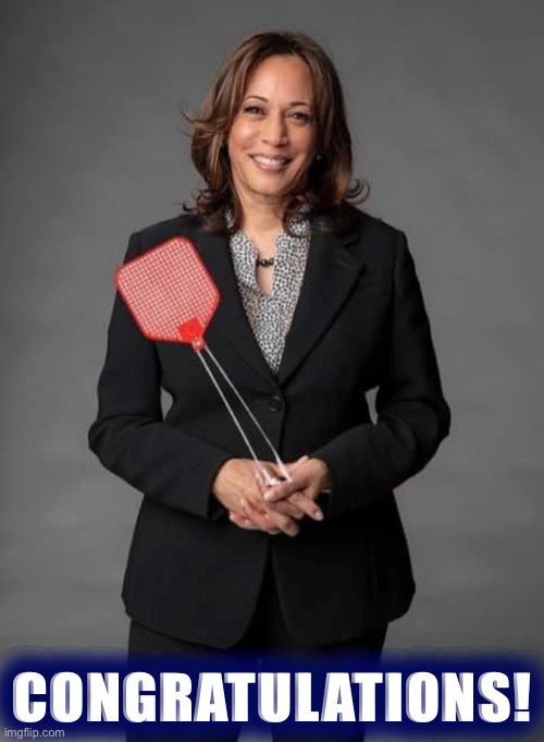 Kamala Harris flyswatter | CONGRATULATIONS! | image tagged in kamala harris flyswatter | made w/ Imgflip meme maker