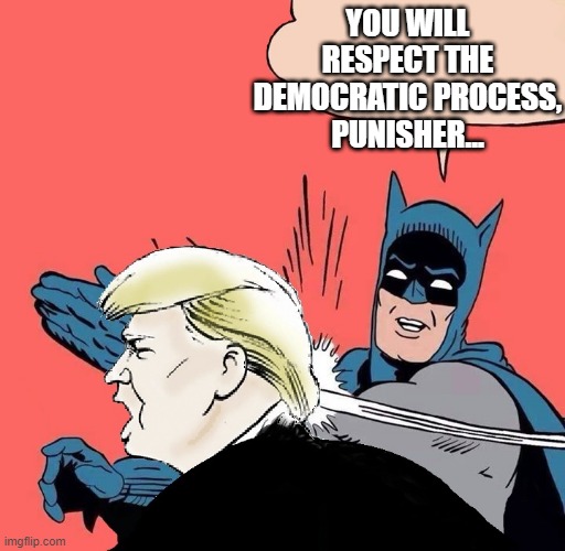 Batrump | YOU WILL RESPECT THE DEMOCRATIC PROCESS, PUNISHER... | image tagged in batman slaps trump | made w/ Imgflip meme maker