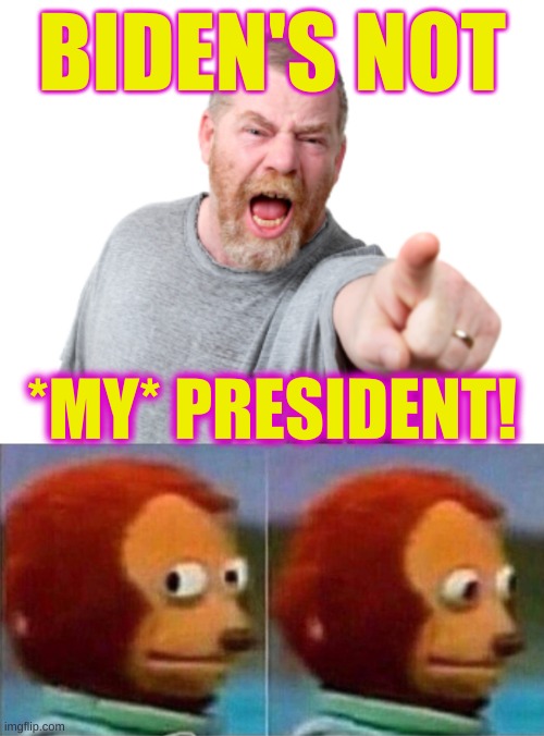 angry white guy yelling monkey puppet | BIDEN'S NOT; *MY* PRESIDENT! | image tagged in angry white guy yelling monkey puppet,not my president,trump lost,make america great again,recount,alternative facts | made w/ Imgflip meme maker