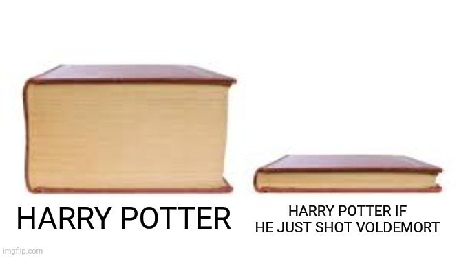 Harry Potter makes no sense |  HARRY POTTER IF HE JUST SHOT VOLDEMORT; HARRY POTTER | image tagged in big book small book,harry potter,voldemort,gun | made w/ Imgflip meme maker