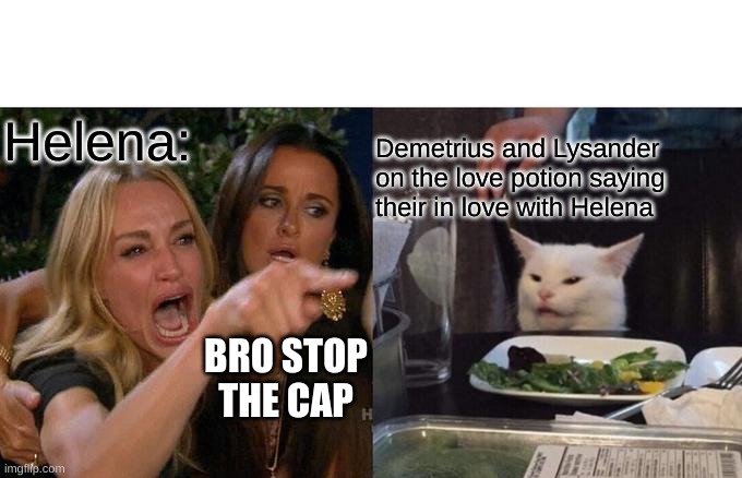 Woman Yelling At Cat Meme | Helena:; Demetrius and Lysander on the love potion saying their in love with Helena; BRO STOP THE CAP | image tagged in memes,woman yelling at cat | made w/ Imgflip meme maker