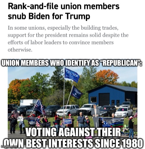We also call them morons | UNION MEMBERS WHO IDENTIFY AS “REPUBLICAN”:; VOTING AGAINST THEIR OWN BEST INTERESTS SINCE 1980 | image tagged in election 2020,union,union proud,union strong,donald trump you're fired,donald trump is an idiot | made w/ Imgflip meme maker