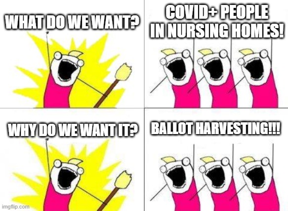 What Do We Want | WHAT DO WE WANT? COVID+ PEOPLE IN NURSING HOMES! BALLOT HARVESTING!!! WHY DO WE WANT IT? | image tagged in memes,what do we want | made w/ Imgflip meme maker