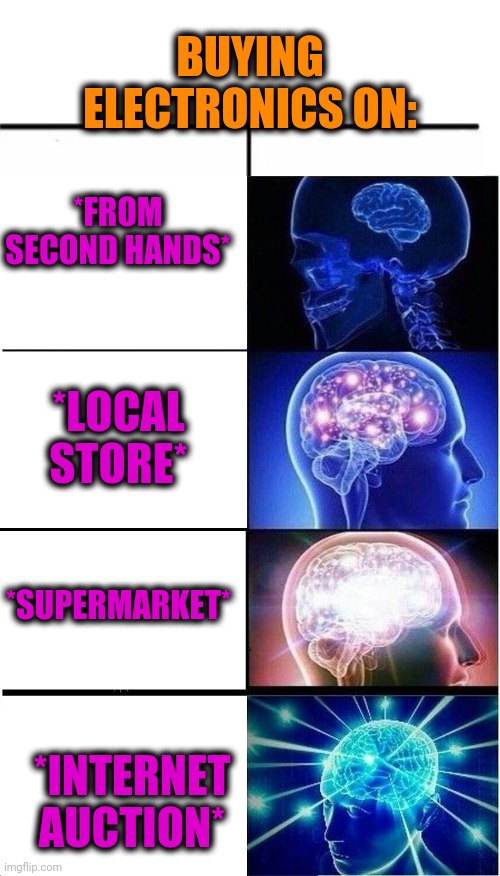 -Steps for complete. | BUYING ELECTRONICS ON:; *FROM SECOND HANDS*; *LOCAL STORE*; *SUPERMARKET*; *INTERNET AUCTION* | image tagged in memes,expanding brain,wash your hands,grocery store,auction,supermarket | made w/ Imgflip meme maker