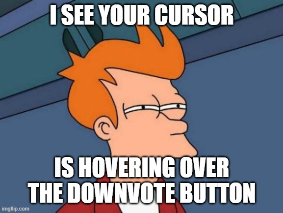 Futurama Fry Meme | I SEE YOUR CURSOR; IS HOVERING OVER THE DOWNVOTE BUTTON | image tagged in memes,futurama fry | made w/ Imgflip meme maker