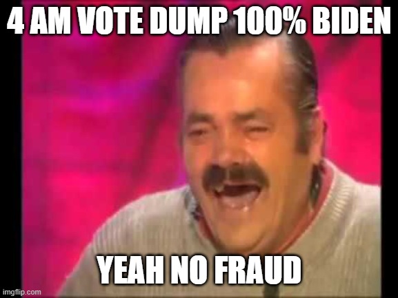 2020 Election | 4 AM VOTE DUMP 100% BIDEN; YEAH NO FRAUD | image tagged in spanish guy laughing | made w/ Imgflip meme maker