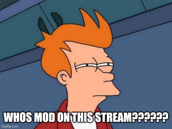 Futurama Fry | WHOS MOD ON THIS STREAM?????? | image tagged in memes,futurama fry | made w/ Imgflip meme maker