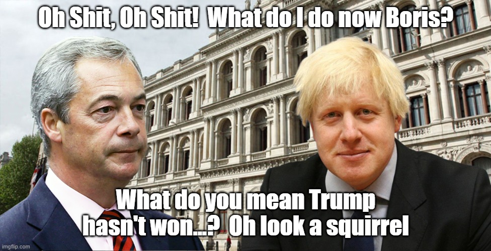 bugger | Oh Shit, Oh Shit!  What do I do now Boris? What do you mean Trump hasn't won...?  Oh look a squirrel | image tagged in bugger | made w/ Imgflip meme maker
