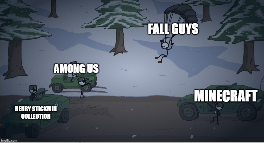 henry stickmin targeted repost | FALL GUYS; AMONG US; MINECRAFT; HENRY STICKMIN COLLECTION | image tagged in henry stickmin targeted repost | made w/ Imgflip meme maker