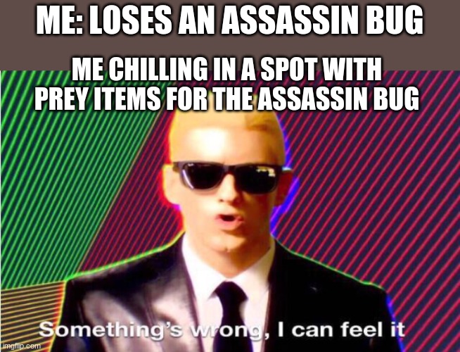 assassin bugs scare me | ME: LOSES AN ASSASSIN BUG; ME CHILLING IN A SPOT WITH PREY ITEMS FOR THE ASSASSIN BUG | image tagged in something s wrong | made w/ Imgflip meme maker