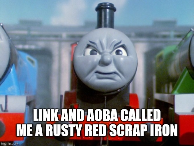 James Angry Face | LINK AND AOBA CALLED ME A RUSTY RED SCRAP IRON | image tagged in james angry face | made w/ Imgflip meme maker