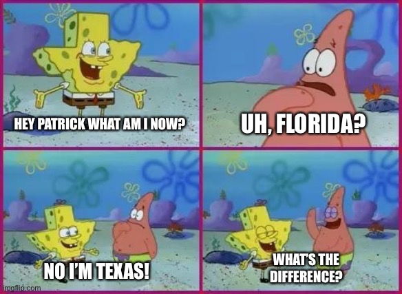 Texas and Florida | UH, FLORIDA? HEY PATRICK WHAT AM I NOW? WHAT’S THE DIFFERENCE? NO I’M TEXAS! | image tagged in spongebob texas | made w/ Imgflip meme maker