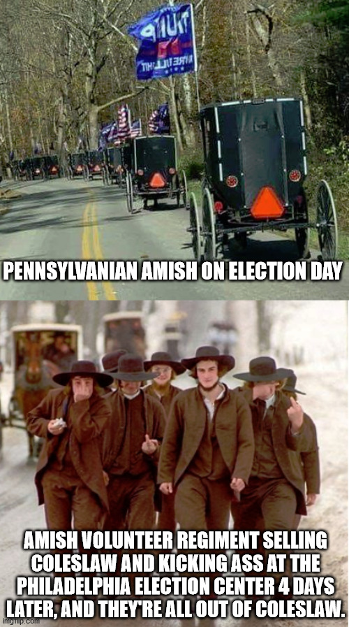 Now they gone and made the Amish Mad | PENNSYLVANIAN AMISH ON ELECTION DAY; AMISH VOLUNTEER REGIMENT SELLING COLESLAW AND KICKING ASS AT THE PHILADELPHIA ELECTION CENTER 4 DAYS LATER, AND THEY'RE ALL OUT OF COLESLAW. | image tagged in trump2020,donald trump,election 2020,pennsylvania,amish,election fraud | made w/ Imgflip meme maker