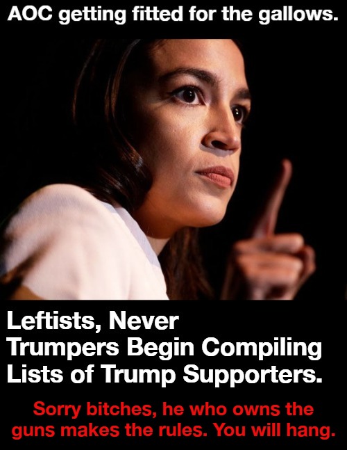 Guess what bitch? This ain't Russia yet! | Sorry bitches, he who owns the guns makes the rules. You will hang. | image tagged in aoc,gallows,hanging out,sorry bitches,hang them high,cultural marxism | made w/ Imgflip meme maker