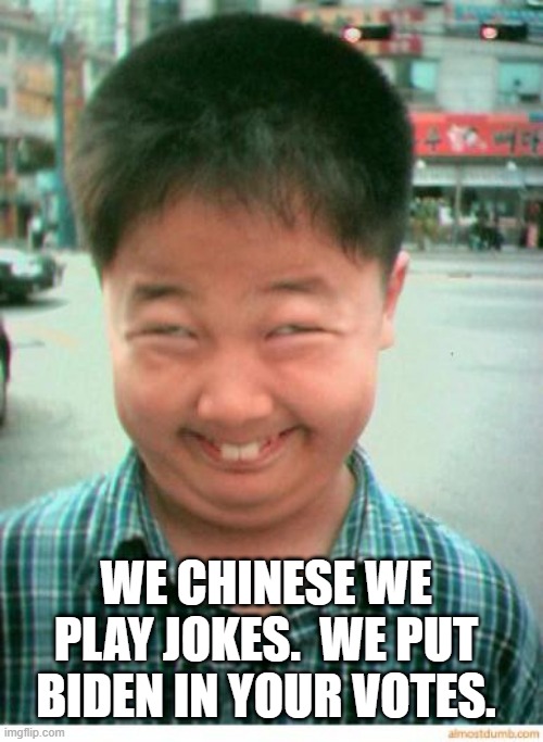 funny asian face | WE CHINESE WE PLAY JOKES.  WE PUT BIDEN IN YOUR VOTES. | image tagged in funny asian face | made w/ Imgflip meme maker