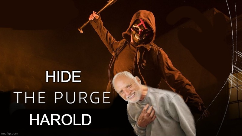 the purge weekend | HIDE; HAROLD | image tagged in the purge,weekend | made w/ Imgflip meme maker