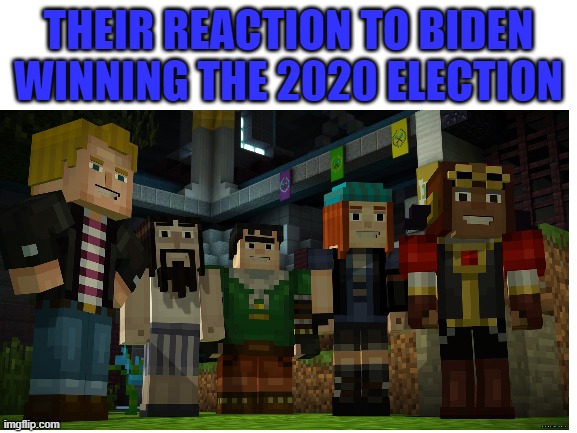 THEIR REACTION TO BIDEN WINNING THE 2020 ELECTION | image tagged in minecraft story mode,election 2020 | made w/ Imgflip meme maker