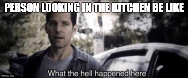 What the hell happened here | PERSON LOOKING IN THE KITCHEN BE LIKE | image tagged in what the hell happened here | made w/ Imgflip meme maker