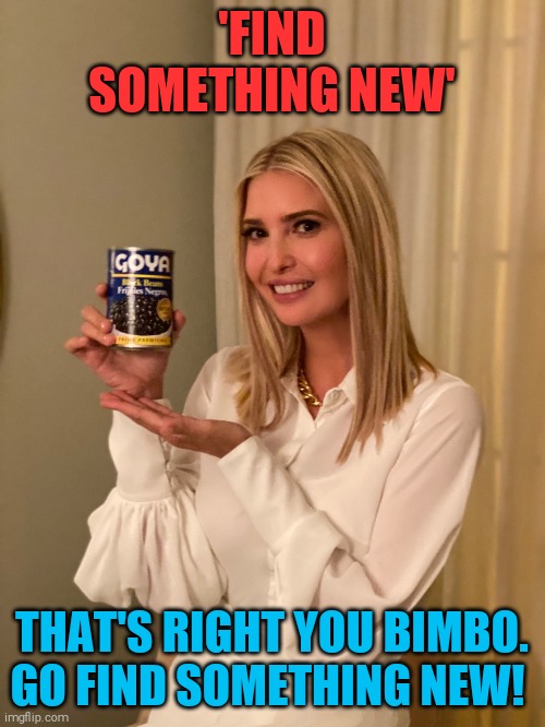 Joe Biden is president elect! | 'FIND SOMETHING NEW'; THAT'S RIGHT YOU BIMBO. GO FIND SOMETHING NEW! | image tagged in ivanka trump con goya,memes | made w/ Imgflip meme maker