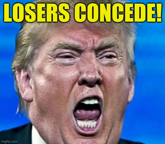 trump yelling | LOSERS CONCEDE! | image tagged in trump yelling,loser,concede,election 2020,never give up,white nationalism | made w/ Imgflip meme maker