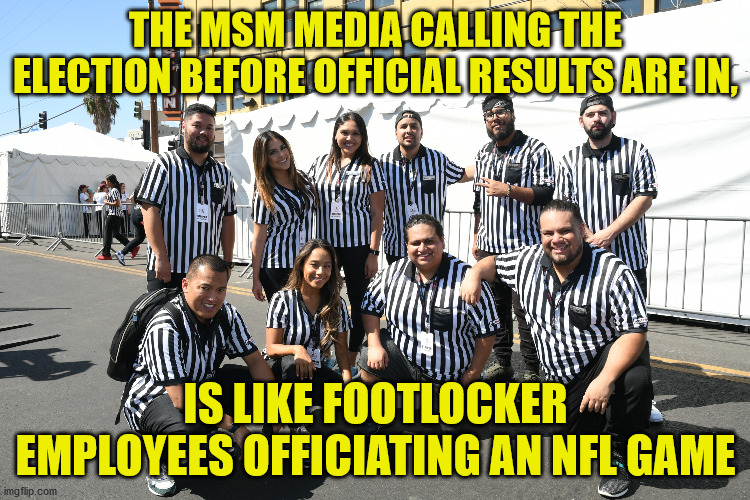 The MSM are not Offcials | THE MSM MEDIA CALLING THE ELECTION BEFORE OFFICIAL RESULTS ARE IN, IS LIKE FOOTLOCKER EMPLOYEES OFFICIATING AN NFL GAME | image tagged in election 2020,msm | made w/ Imgflip meme maker