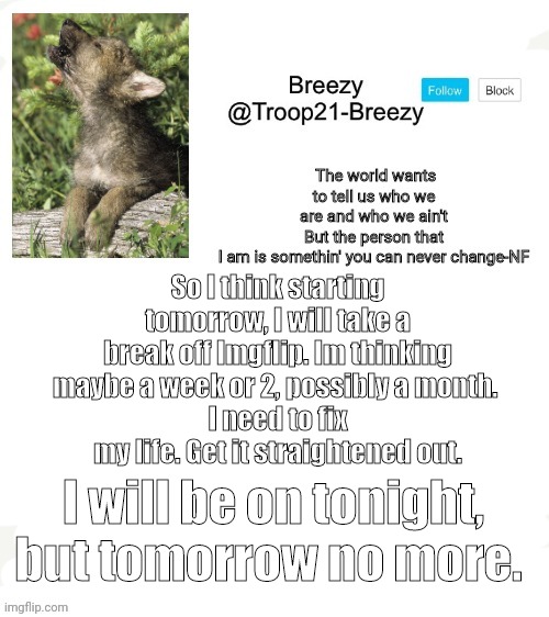 Bye bye for now | So I think starting tomorrow, I will take a break off Imgflip. Im thinking maybe a week or 2, possibly a month. 
I need to fix my life. Get it straightened out. I will be on tonight, but tomorrow no more. | made w/ Imgflip meme maker