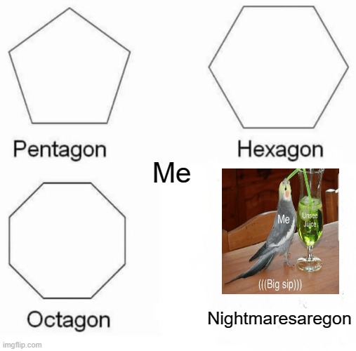 Shapes | Me; Nightmaresaregon | image tagged in memes,pentagon hexagon octagon,nightmaresaregon,unsee juice,big sip | made w/ Imgflip meme maker