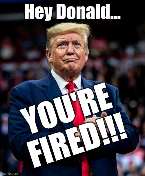 You're FIRED!!! | Hey Donald... YOU'RE
FIRED!!! | image tagged in trump,election 2020,bye bye,biggest loser | made w/ Imgflip meme maker