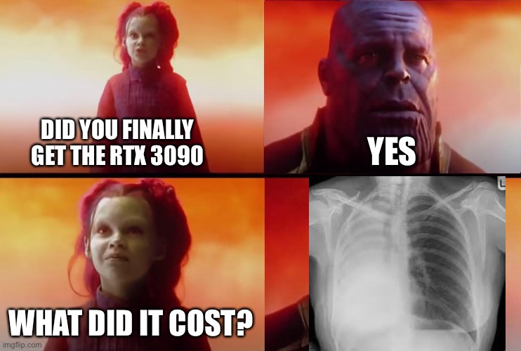 thanos what did it cost | DID YOU FINALLY GET THE RTX 3090; YES; WHAT DID IT COST? | image tagged in thanos what did it cost | made w/ Imgflip meme maker