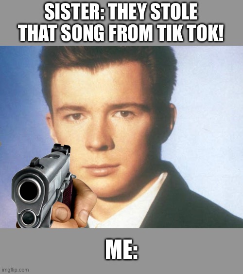 You know the rules and so do I. SAY GOODBYE. | SISTER: THEY STOLE THAT SONG FROM TIK TOK! ME: | image tagged in you know the rules and so do i say goodbye | made w/ Imgflip meme maker