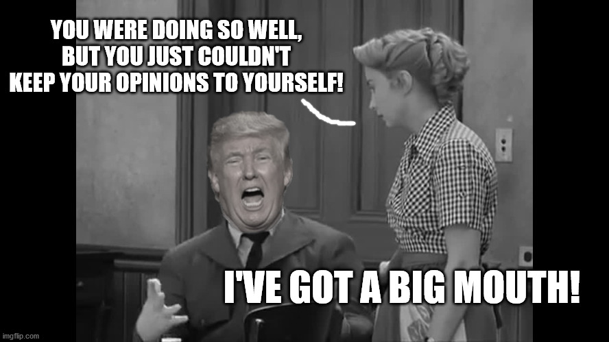 Sad Day for America. Election lost because of bad manners. | YOU WERE DOING SO WELL, BUT YOU JUST COULDN'T KEEP YOUR OPINIONS TO YOURSELF! I'VE GOT A BIG MOUTH! | image tagged in president trump,trump 2020,joe biden,maga done | made w/ Imgflip meme maker
