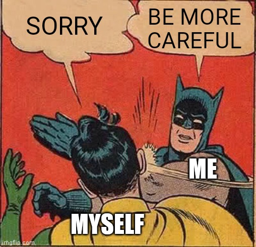 Batman Slapping Robin Meme | SORRY BE MORE CAREFUL ME MYSELF | image tagged in memes,batman slapping robin | made w/ Imgflip meme maker