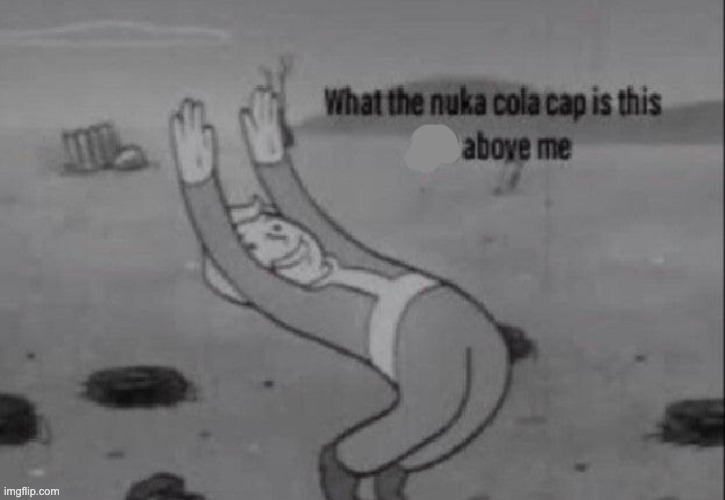 fallout what in the nuka cola cap is this above me | image tagged in fallout what in the nuka cola cap is this above me | made w/ Imgflip meme maker