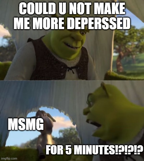 Could you not ___ for 5 MINUTES | COULD U NOT MAKE ME MORE DEPERSSED; MSMG; FOR 5 MINUTES!?!?!? | image tagged in could you not ___ for 5 minutes | made w/ Imgflip meme maker