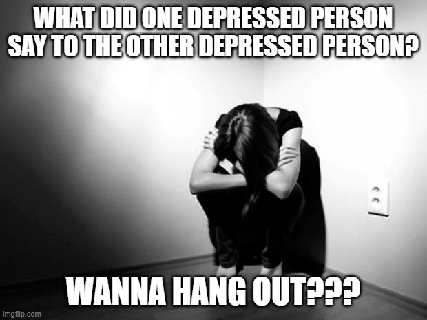 Let's Get Together |  WHAT DID ONE DEPRESSED PERSON SAY TO THE OTHER DEPRESSED PERSON? WANNA HANG OUT??? | image tagged in depression sadness hurt pain anxiety | made w/ Imgflip meme maker
