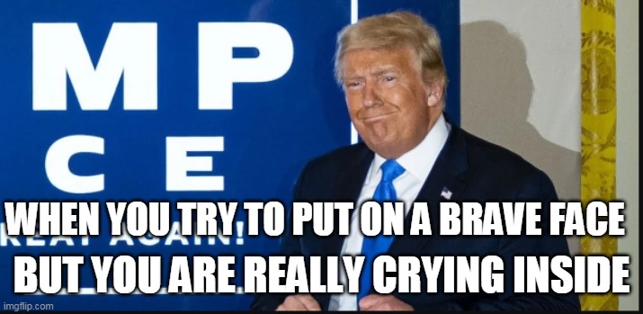 When you try to put on a brave face | WHEN YOU TRY TO PUT ON A BRAVE FACE; BUT YOU ARE REALLY CRYING INSIDE | image tagged in president trump,funny,crying,brave,2024 | made w/ Imgflip meme maker