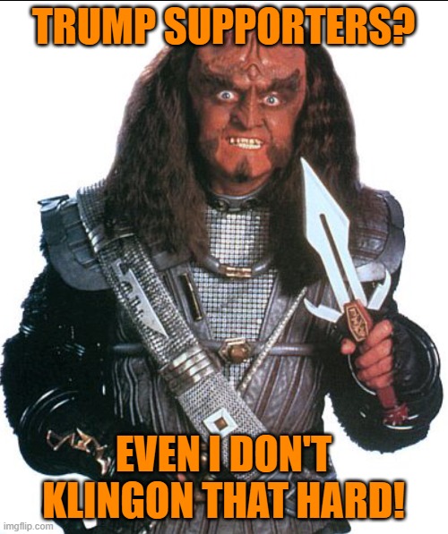Danger detected | TRUMP SUPPORTERS? EVEN I DON'T KLINGON THAT HARD! | image tagged in klingon warrior,memes,trump supporters | made w/ Imgflip meme maker
