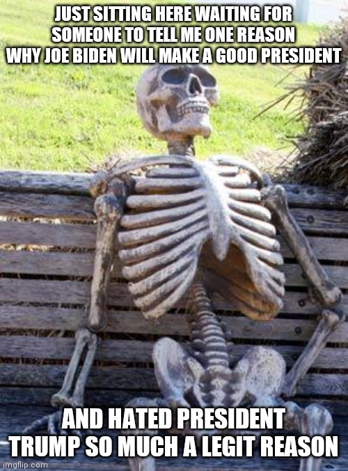 Waiting Skeleton | JUST SITTING HERE WAITING FOR SOMEONE TO TELL ME ONE REASON WHY JOE BIDEN WILL MAKE A GOOD PRESIDENT; AND HATED PRESIDENT TRUMP SO MUCH A LEGIT REASON | image tagged in memes,waiting skeleton | made w/ Imgflip meme maker