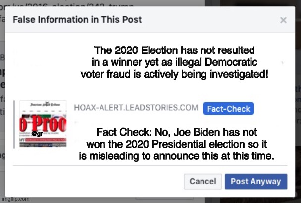 Fact Check | The 2020 Election has not resulted in a winner yet as illegal Democratic voter fraud is actively being investigated! @gr; Fact Check: No, Joe Biden has not won the 2020 Presidential election so it is misleading to announce this at this time. | image tagged in fact check | made w/ Imgflip meme maker